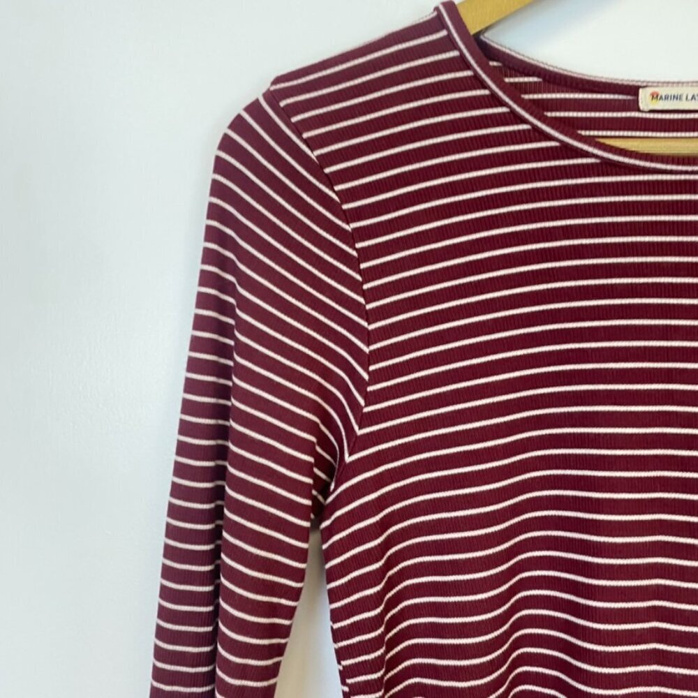 Marine Layer Maroon and White Striped Ribbed Stretch Long Sleeve Top - Picture 4 of 8